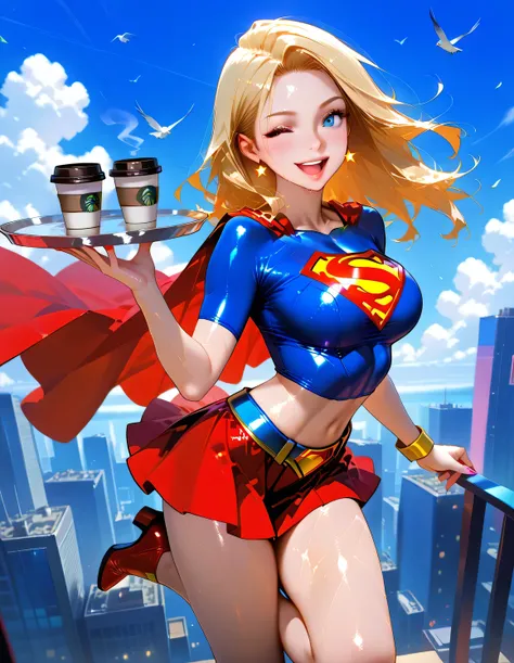 (from side:1.2),(from above:1.2), Looking up, looking at viewer,(smile),(wink:1.2), blush, open mouth, wind effect, hair fluttering in the wind, (levitation, floating:1.4), arching back,(Holding a tray with a coffee cup on it:1.5), ((best quality)),((maste...