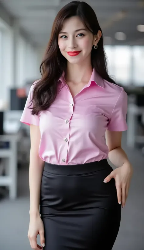 an office lady, was in the office , wearing a pink satin formal shirt, using a maxi skirt in satin material long to the toe in black, very large breasts, red lips