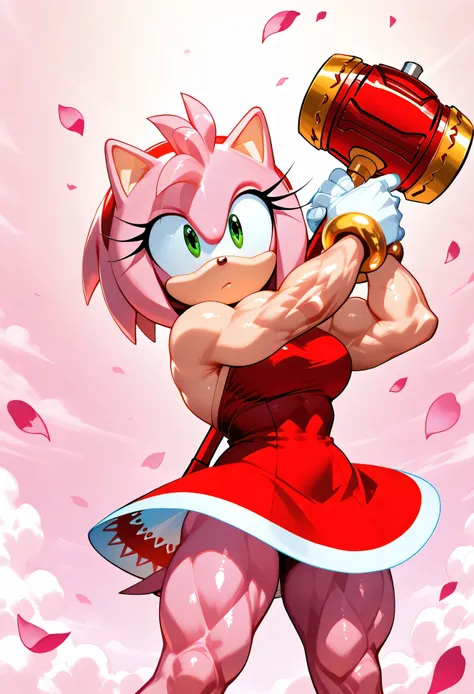hyper muscles buff,Hyper Giant muscles,Extremely Muscular Body,Shiny skin,amy rose,furry female,pink fur,short hair,green eyes,pink hair,A cute anime-style artwork of Amy Rose in a playful battle-ready pose, holding her signature oversized red hammer. Soft...
