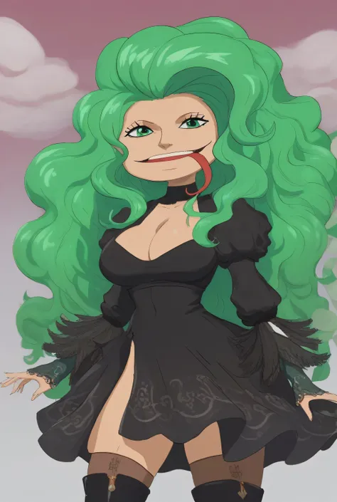 score_9 , score_8_up , score_7_up , masterpiece , best quality , highly detailed, BoaSandersoniaOP, 1girl, solo, tall woman, disproportionately large head, wide head, green hair, long hair, wavy hair, green eyes, wide mouth, long forked tongue, tongue out...