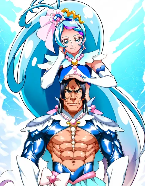 score 9 , score 8 up, score 7 up, source anime, masterpiece, Best quality, Best resolution, Best image quality, anime coloring, anime screencap, anime screenshot, official style, official art, 1boy, cure mermaid is a male warrior, man wearing a long wig wi...