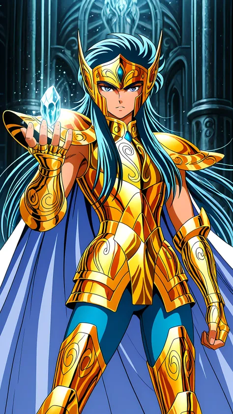 extremely detailed, anime design, intricate anime 2D graphics, intricate details, Camus of Aquarius in a battle pose, with a cold and determined expression. He is enveloped by an intense and menacing golden aura that contrasts with the frozen environment a...