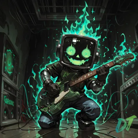 [The Horror Radio], [Mey...U ROCK!] [Release Music Soon], (masterpiece, best quality:1.2), (high detail, sharp lighting), music studio room, music tools, equipments, spotlight, solo, 1boy, craze_face, radio_head, vintage television face, playing rock music...