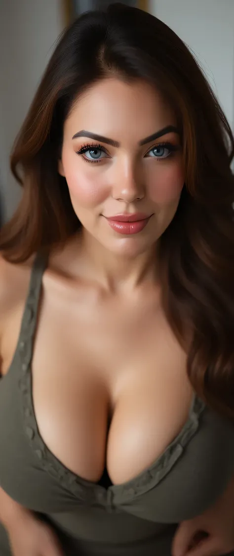 (detailed beautiful eyes and detailed face, masterpiece side light, masterpiece, best quality, detailed, high resolution ), (1 women, beautiful women, colossal breasts, looking down, looking at viewer), ( wavy hair, legging, tank top shirt) 45 degrees, top...