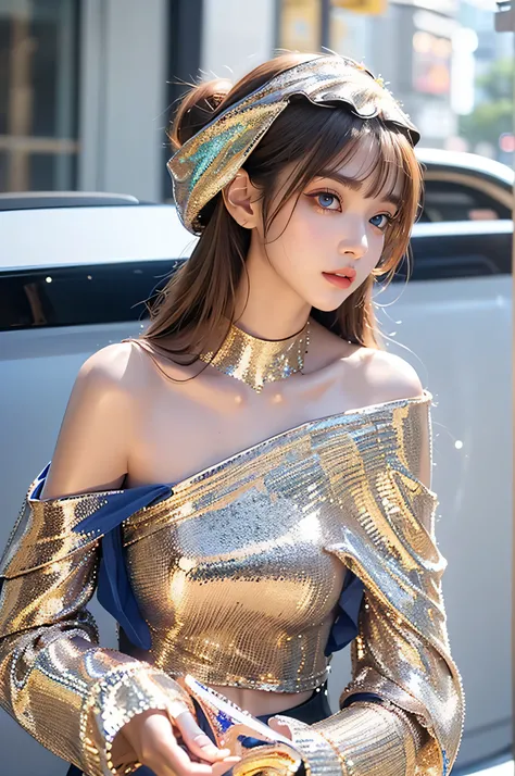 super cute young face,Very beautiful cute girl,
Beautiful detailed eyes,
(japanese idol face:1.1),
(crystal clear Large eyes:1),
Long straight brown hair,
see-through bangs,
beautiful detailed eyes,
BREAK (upper body Super shiny Metallic blue fashionab...
