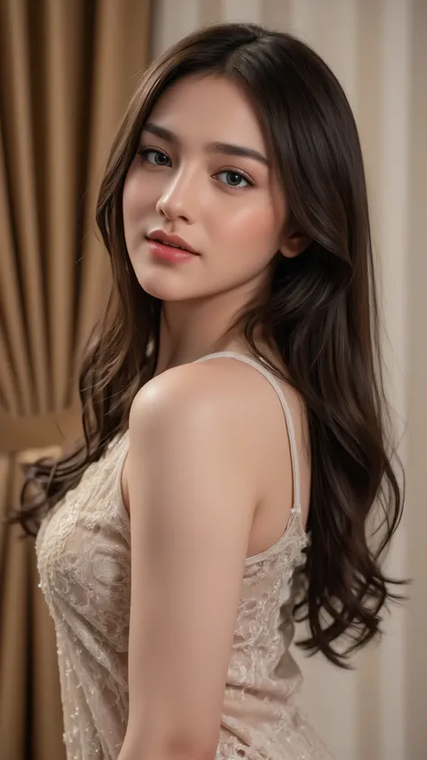 beautiful young woman, celebgram, sensual, seductive gaze, full-body shot, detailed portrait, delicate facial features, alluring expression, captivating pose, slender figure, natural skin tones, high-end fashion, luxury setting, elegant ambiance, cinematic...