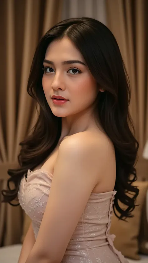 beautiful young woman, celebgram, sensual, seductive gaze, full-body shot, detailed portrait, delicate facial features, alluring expression, captivating pose, slender figure, natural skin tones, high-end fashion, luxury setting, elegant ambiance, cinematic...