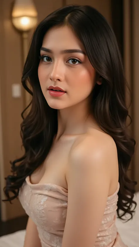 beautiful young woman, celebgram, sensual, seductive gaze, full-body shot, detailed portrait, delicate facial features, alluring expression, captivating pose, slender figure, natural skin tones, high-end fashion, luxury setting, elegant ambiance, cinematic...