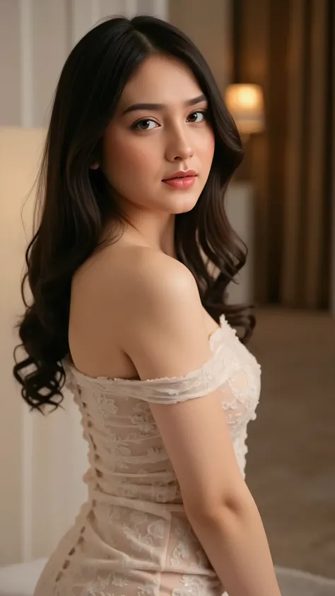 beautiful young woman, celebgram, sensual, seductive gaze, full-body shot, detailed portrait, delicate facial features, alluring expression, captivating pose, slender figure, natural skin tones, high-end fashion, luxury setting, elegant ambiance, cinematic...