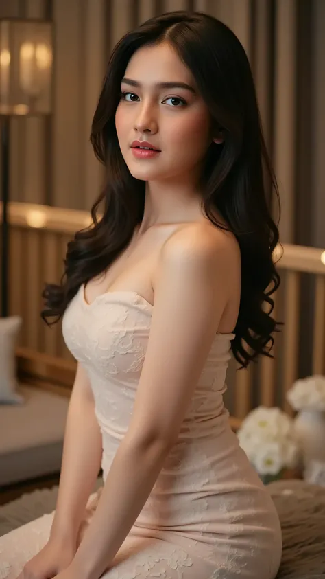 beautiful young woman, celebgram, sensual, seductive gaze, full-body shot, detailed portrait, delicate facial features, alluring expression, captivating pose, slender figure, natural skin tones, high-end fashion, luxury setting, elegant ambiance, cinematic...