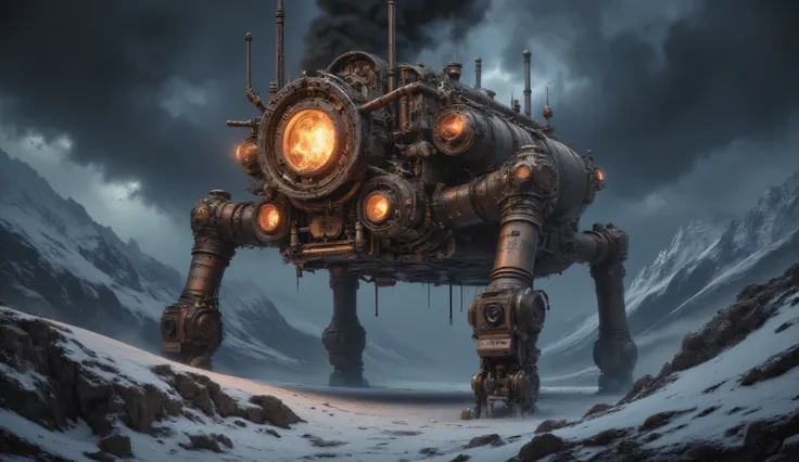 a huge robot copper furnace with four legs and pipes that emit smoke. the robot furnace is covered with gears. a flame is burning inside. the furnace is walking through snowy mountains. the night sky is filled with black clouds.