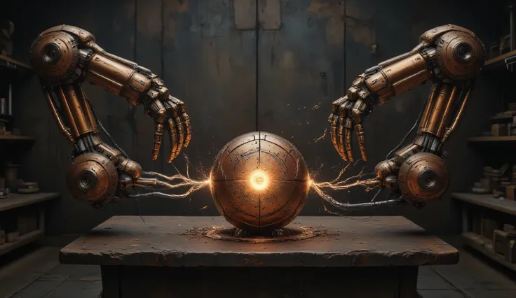 Two long copper robotic arms with 4 manipulator fingers. An electric current emanates from them. A copper, uneven sphere on an iron table to which these arms are attached. An electric eye in the sphere. A creepy laboratory in black and copper colors.