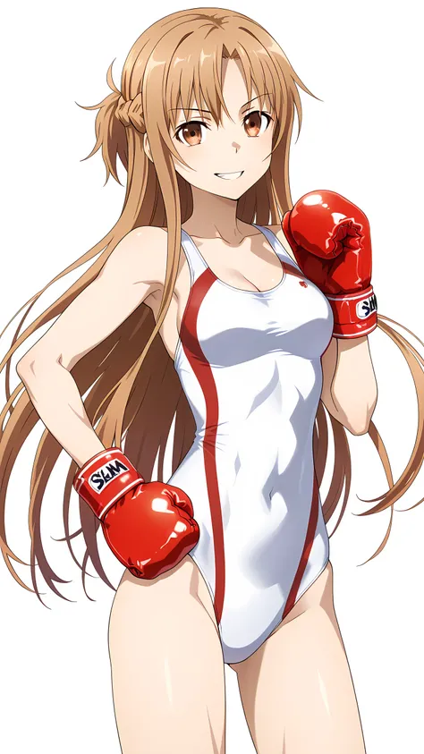 asuna_\(sao\), long_hair, brown_hair, brown_eyes,, cleavage, solo, (white competition swimsuits, small boxing gloves), serious grin, (toned slim body, slim waist), bare thigh, looking at viewer, extremely detailed eyes and face, hand on hip, focus torso, c...