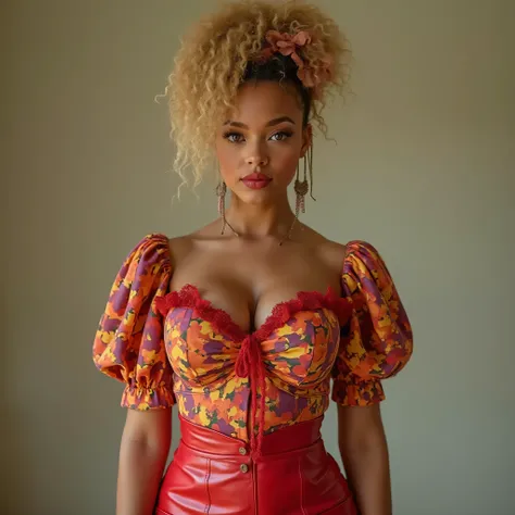 A realistic, high resolution photograph of a beautiful mulatto woman in her 20's; full body frontal view facing the camera with her arms at her side, looking at the camera. There is extra space in the photo above her head. She has a luscious, hourglass, fa...