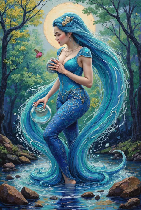 Creating abstract art of spatula painting art impasto style of the lady Aquarius holding jar have waterfall on her shoulder wearing aquarius uniform full aestetic and irisidence in waterfall from her shoulder . Background is beautiful of majestic florest