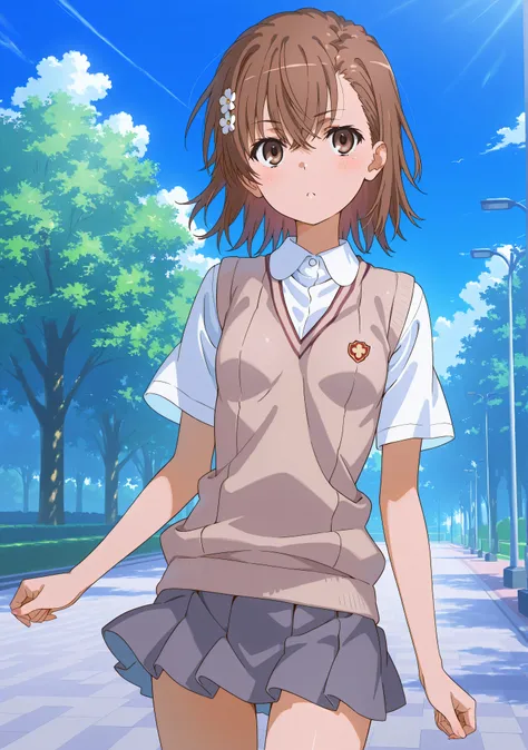 (((misaka miloto)))、hair flower、small breasts、1 girl、from front、white shirt、short sleeves、sweater vest、tokiwadai school uniform、grey skirt、mini skirt、walking、park、blue sky