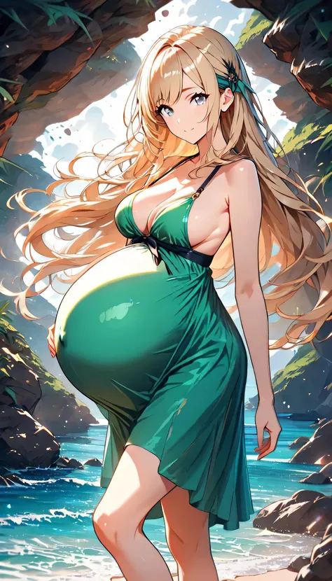 High Resolution, Best Quality, Super Detailed, Masterpiece, 4K, hidden beach, 1girl, blonde hair, long hair, grey eyes, flat breasts, bulging breasts, overflowing breasts, bursting breasts, ample chest, oversized bousom, pregnant, adult body, tall body, gr...