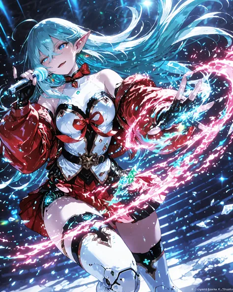 masterpiece, best quality, ultra-detailed, absurdres, extremely detailed, dynamic angle, motion blur, 
Vivy Diva from Vivy Fluorite Eye's Song, beautiful android songstress elf, fighting singer pose, 
very long flowing pale turquoise hair dramatically blow...