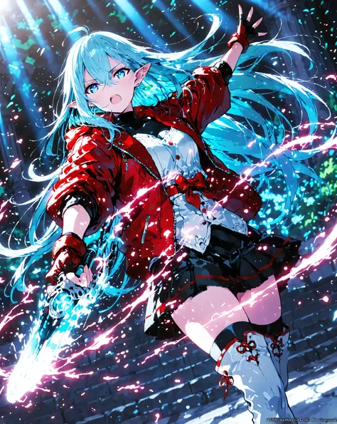 masterpiece, best quality, ultra-detailed, absurdres, extremely detailed, dynamic angle, motion blur, 
Vivy Diva from Vivy Fluorite Eye's Song, beautiful android songstress elf, fighting singer pose, 
very long flowing pale turquoise hair dramatically blow...