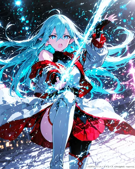 masterpiece, best quality, ultra-detailed, absurdres, extremely detailed, dynamic angle, motion blur, 
Vivy Diva from Vivy Fluorite Eye's Song, beautiful android songstress elf, fighting singer pose, 
very long flowing pale turquoise hair dramatically blow...