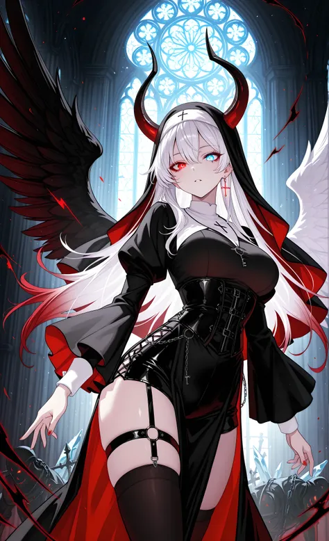 masterpiece, best quality, 8k, ultra detailed, anime style, key visual, digital painting, 1girl, solo,

beautiful young woman, slim figure, long pure white hair with soft gradient red tips, heterochromia (crimson red right eye, ice blue left eye), fair ski...