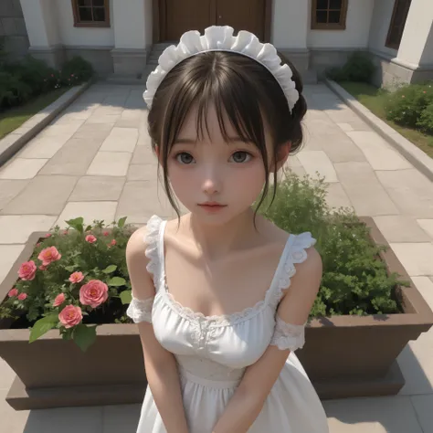 1 Girl、maids,Watch viewers,(skinny:0.41),(younger:1.49),from above,slouching forward,(big boobs:0.72),is watering flowers outside the mansion,japanese,(Smile Yang:0.19),black lace stockings