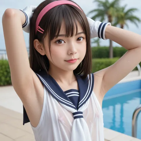 wet solo Japanese elementary school girl 、 masterpiece 、 and up 、 Ultra High Accuracy、 by nomi、 dim 、 Original photo 、4K Ultra HD、1080P、 adipose muscle、 Brown Eyes on the Frame、 black hair、  Wet straight hair  、 beautiful trimmed hair 、 No expression、 self...