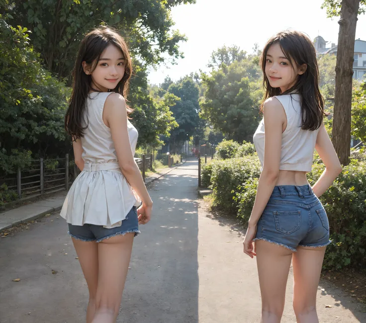 ((and up)), ((PHOTO QUALITY)), (detail), perfect face,11 years old ,was taken at the park,(smile:0.7),Cute Girl,(skinny:1.5),(Slim:1.5),(Toddler_body:1.2),small ass:1.5,thin legs,were shot from behind,turns around and smiles,Hot summer day,is wet from swea...