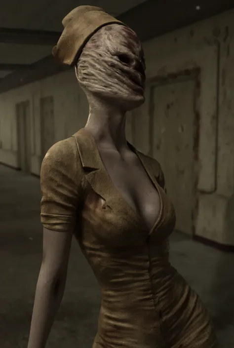 Close-up portrait of a Silent Hill nurse with mannequin-like face wrapped in dirty bandages, twisted neck at an impossible angle. Pale skin with visible veins, mouth stretched in silent scream. Standing in a decaying mental asylum with rust-covered walls. ...