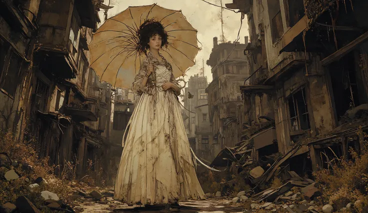 Lady with a Weed-Covered Parasol,elegance,nobres,vestido longo,Jovem mulher bonita,alta qualidade,illustration,   escuro,Mal-humorado,cinematic,dramatic lighting,duro,Difficult,distopia,Abandoned buildings,overgrown with weeds,teia de aranha,cidade deserta...