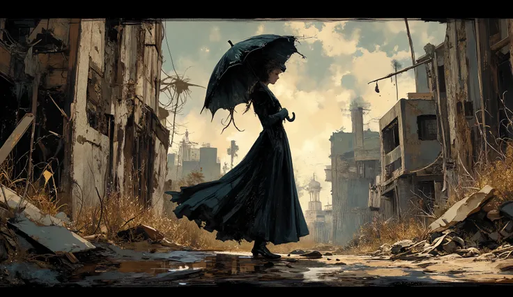 Lady with a Weed-Covered Parasol,elegance,nobres,vestido longo,Jovem mulher bonita,alta qualidade,illustration,   escuro,Mal-humorado,cinematic,dramatic lighting,duro,Difficult,distopia,Abandoned buildings,overgrown with weeds,teia de aranha,cidade deserta...
