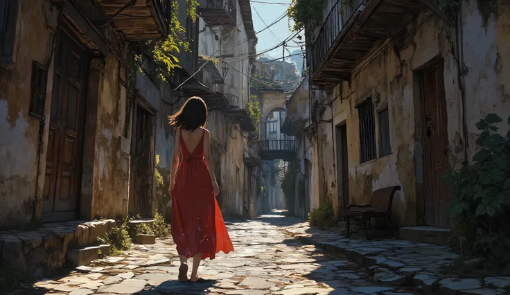 Senhora,elegance,nobres,simple long cotton dress,Jovem mulher bonita,alta qualidade,illustration,   escuro,Mal-humorado,cinematic,dramatic lighting,duro,Difficult,dystopia old buildings, ruas de pedra, cidade pequena, antiga, igreja ao fundo.