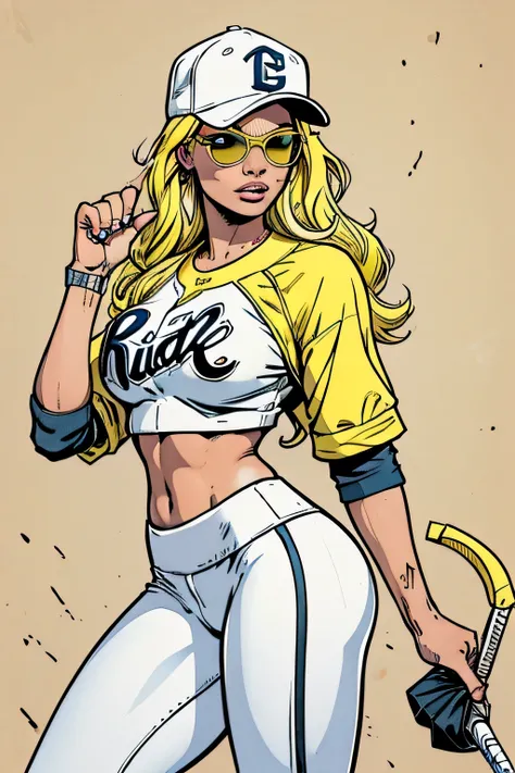 highly detailed,."grafitti background" .seductive erotic margot robbie,yoga pants white top , (busty, pastel yellow hair in bunchies , sunglasses , baseball cap), centered on the face, face focused, intricate eyes,hip hop style ,"