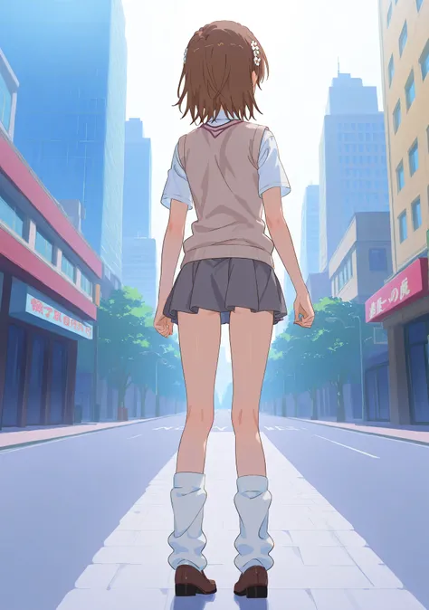 (((misaka miloto)))、hair flower、small breasts、1 girl、from behind、backshot、white shirt、short sleeves、sweater vest、tokiwadai school uniform、grey skirt、mini skirt、loose socks、white socks、facing away、standing、city、building、full body shot