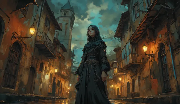 Senhora ,elegance,nobres,vestido ,Jovem mulher bonita,alta qualidade,illustration,   cotidiano, ,cinematic,dramatic lighting,Serious, misterioso, casas antigas, ruas de pedra, old streetlights, igreja ao fundo, primavera, ,sombras complexas,Tom Claro,tom f...