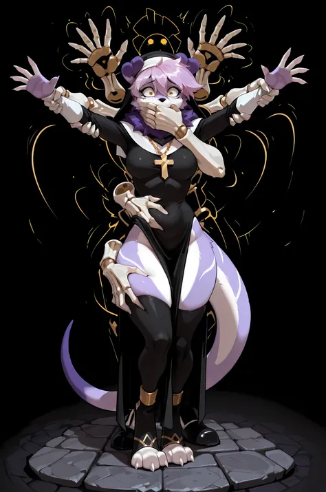 chill_touch-(magic),skeletal disembodied hand,floating hand,claws,hetero,solo focus,despair expression,shocked,clothes lift,grabbing,grabbing another's breast,outstretched arms,restrained,groping,disembodied limb,thigh grab,covering another's mouth,choking...