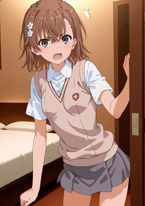 (((misaka miloto)))、hair flower、small breasts、1 girl、from front、white shirt、short sleeves、sweater vest、tokiwadai school uniform、grey skirt、mini skirt、open mouth、irate、glare、indoor、brown wall、hotel room