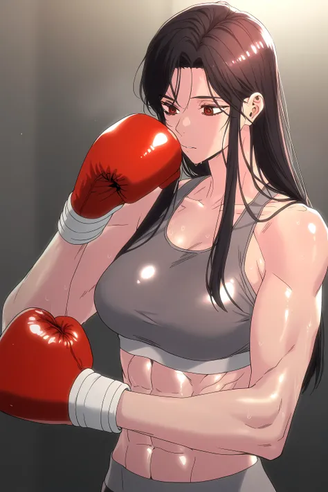 1girl, solo, young mature, ihwa, long hair, red eyes, black hair, ringed eyes, sidelocks, (ringed eyes:0.8), medium breast, toned female, abs, shiny body, sports bra, boxing gloves, sweating