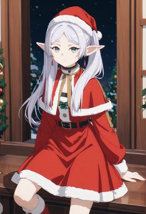 Christmas, 1girl, solo, red santa dress, santa hat,dress, looking at viewer, jewelry, red ribbon, bangs, earrings, boots, frieren, long hair, twintails, green eyes, grey hair, pointy ears, elf, small breasts, anime screencap