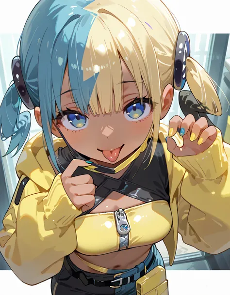 masterpiece, best quality, amazing quality,sideview, 1girl, <lora:canari_v30:1>, canari, dark-skinned female, multicolored hair, two-tone hair, blonde hair, blue hair, twintails, blue eyes, hair ornament, mouth mask, yellow jacket, hooded jacket, open jack...