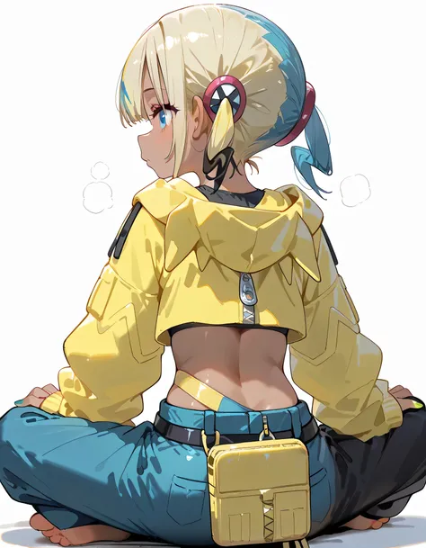 masterpiece, best quality, amazing quality,backview,solo,indian style, 1girl, <lora:canari_v30:1>, canari, dark-skinned female, multicolored hair, two-tone hair, blonde hair, blue hair, twintails, blue eyes, hair ornament, yellow jacket, hooded jacket, ope...