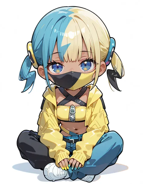 (chibi,fullbody),indian style,solo,1girl,canari, dark-skinned female, multicolored hair, two-tone hair, blonde hair, blue hair, twintails, blue eyes, hair ornament, mouth mask, yellow jacket, hooded jacket, open jacket, long sleeves, sleeves past wrists, y...