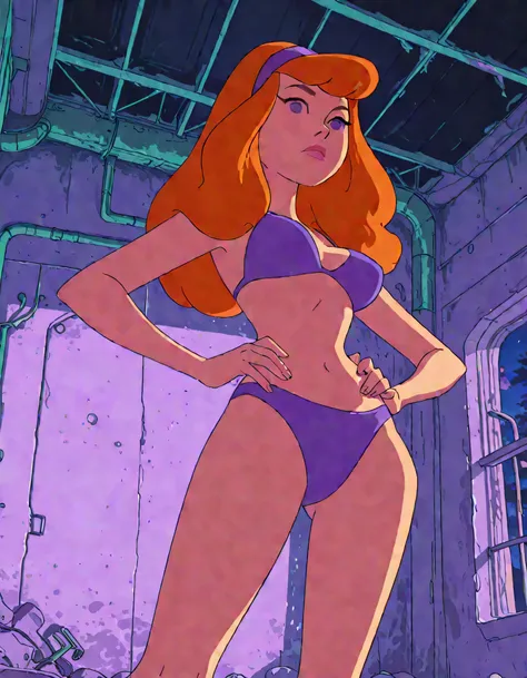 masterpiece masterpiece, ultra-HD, impressionism, high detail, best quality, very aesthetic, 8k, best quality, beautiful, tmchng , anime coloring , 1girl, Daphne Blake (Scooby Doo Mystery Incorporated) , long hair, hairband, orange hair, purple bikini , pu...