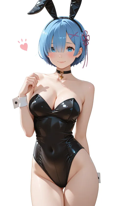 1girl, rem_(re:zero), solo, animal_ears, blue_hair, blue_eyes, rabbit_ears, short_hair, playboy_bunny, x_hair_ornament, breasts, hair_ornament, white_background, bare_legs, simple_background, fake_animal_ears, choker, looking_at_viewer, leotard, wrist_cuff...