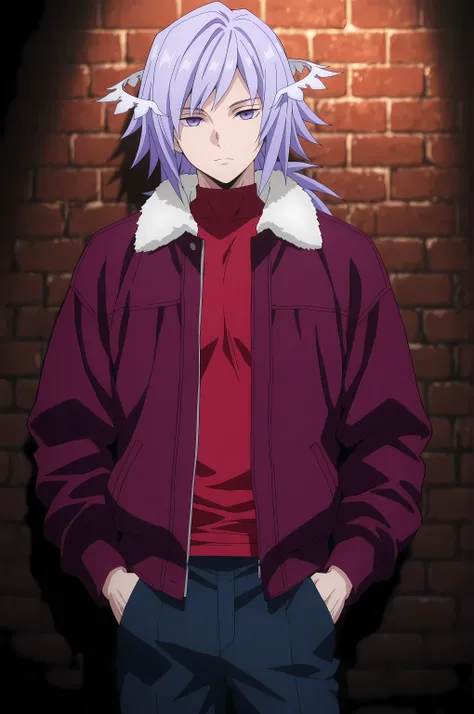 anime screencap, masterpiece, best quality, giyuu_tomioka, 1boy, kid male, , ((perfect body)) , fit bodies, attractive bodies, light purple hair , purple eyes, purple bangs, quinella purple long hair, , cowboy shot , looking at viewer , brick wall , hands ...