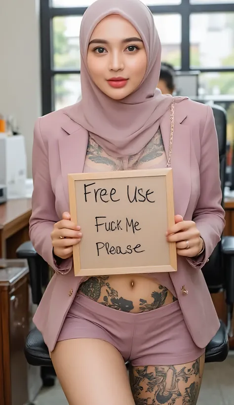 Asian hijab girl with beauty thin face, Muslimah wear hijab, cleavage, big breasts, huge breasts, sagging breast, unaligned breasts, wear see through colored blazer naked, office blazer, mini skirt. navel piercing accessories. heavenly underboobs tattooed,...