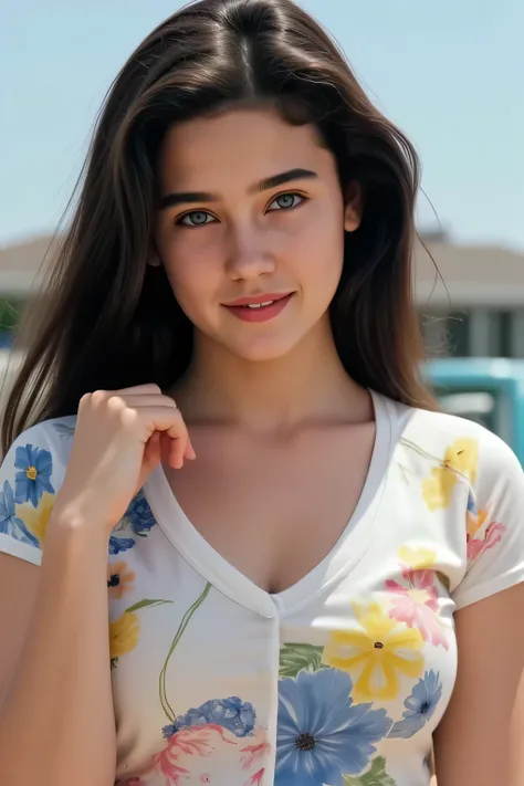 A beautiful white girl, 20-year-old Jennifer Connelly , cute face, Light-colored eyes, dark hair, sweet smile、