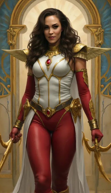 Sasha Foxxx as Scarlet Scarab, powerful warrior, standing confidently, in front of a large ornate backdrop inspired by ancient Egyptian motifs, wavy dark hair cascading around her face, intense determined eyes, subtle decorative markings near them, sleek f...