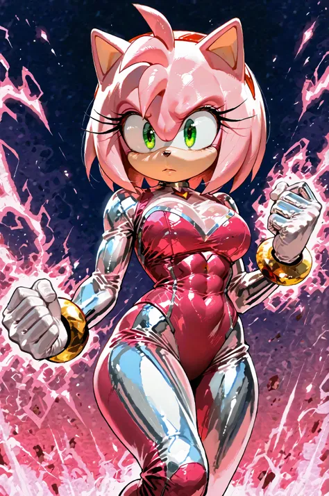 amy rose,furry female,pink fur,short hair,green eyes,pink hair,Shiny skin,Transform Amy Rose from Sonic the Hedgehog into a dynamic Marvel superhero, combining her charm and combat prowess. Her figure is athletic yet curvy, with a toned physique that radia...