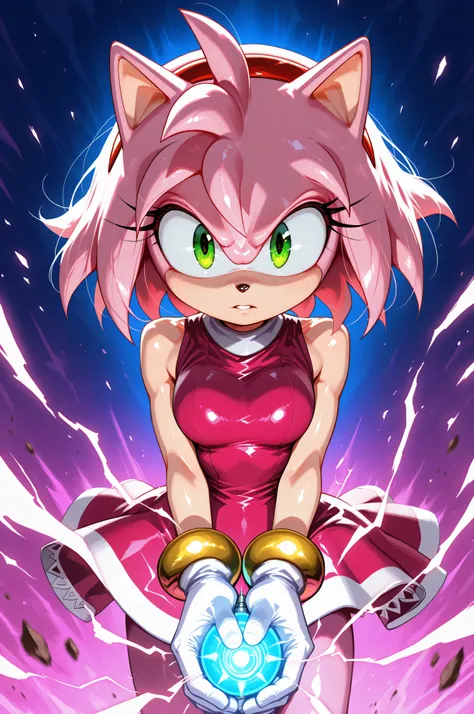 amy rose,furry female,pink fur,short hair,green eyes,pink hair,Shiny skin,“Create a dynamic anime-style character illustration of a pink anthropomorphic warrior girl channeling immense power. Her hair erupts in sharp, glowing blue spikes like a Super Saiya...